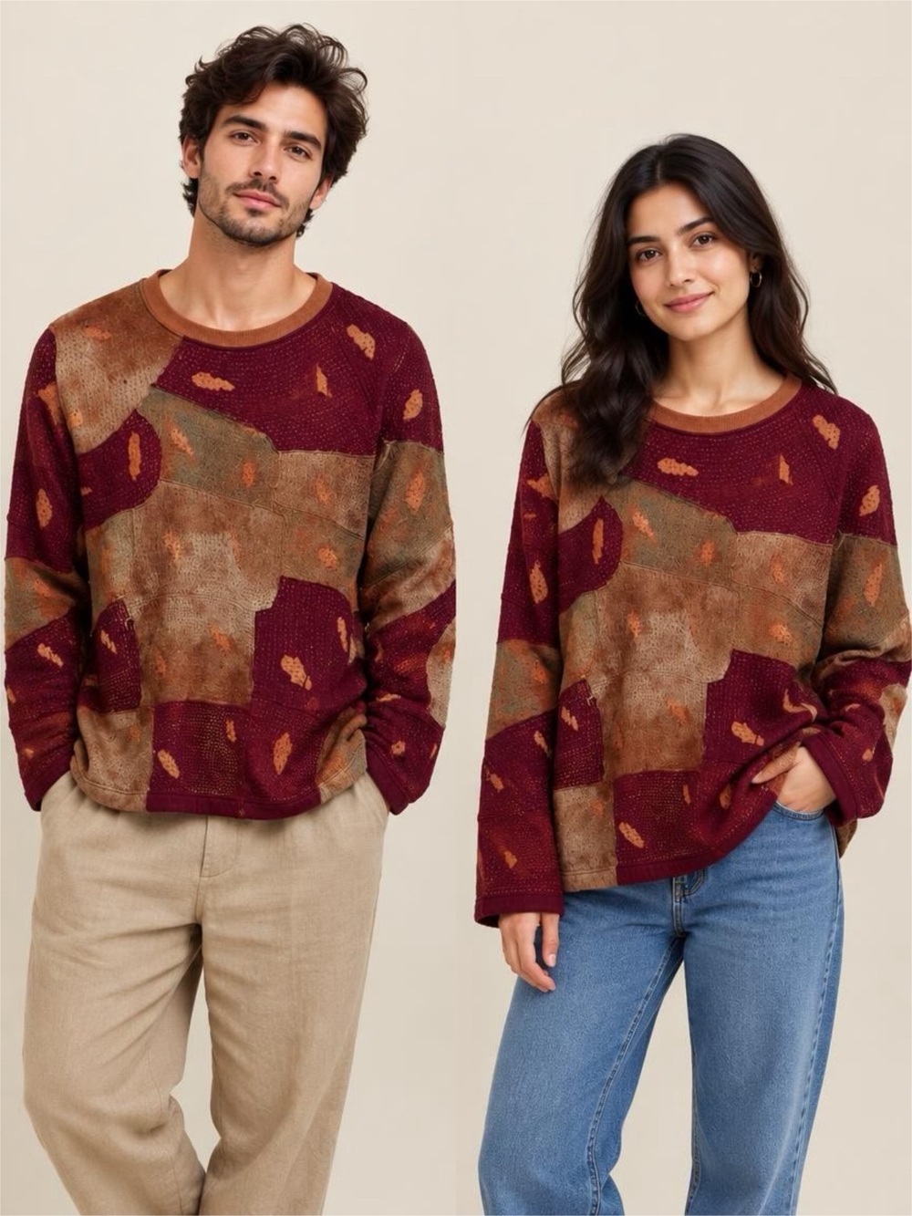 Glam unisex distressed patchworks Crewneck Sweater in Burgundy-Brown oversized